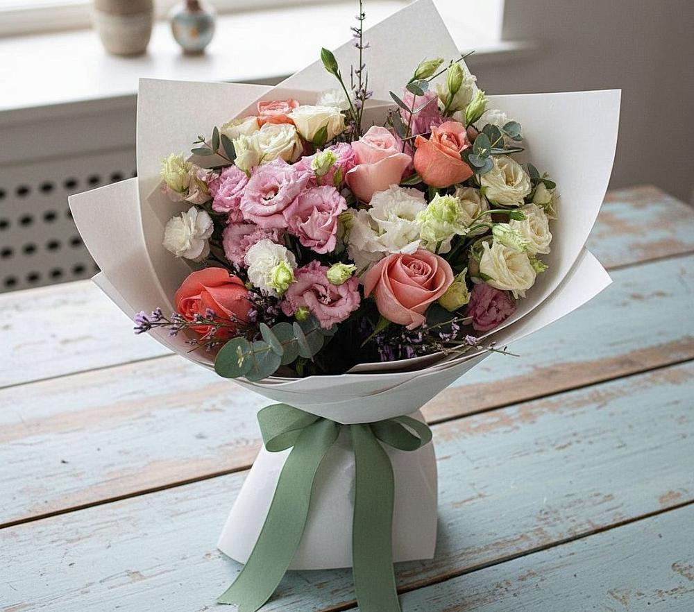 Букет цветов из: Розы, Лизиантусы и Гвоздики в Алакуртти