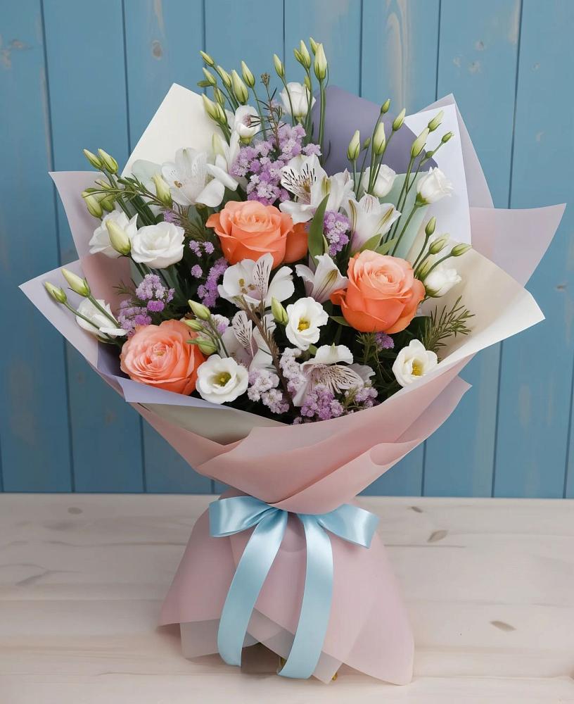 Букет цветов из: Лизиантусы, Розы, Альстромерии и Гипсофила в Алакуртти